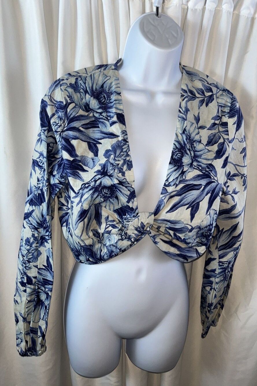 H&M Women’s Floral Linen-blended Crop Blouse Multicolor Size M Coastal Beach